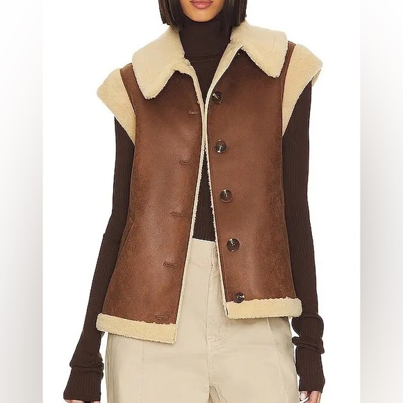 NEW Revolve LPA Bona Sherpa Leather Jacket & Vest in Burnished Brown XXS - Picture 5 of 10